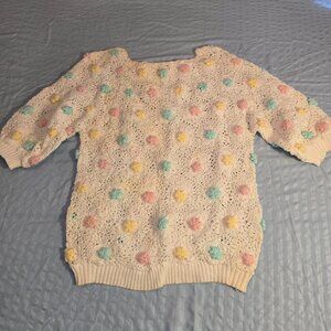 Hand-crocheted Sweater Popcorn Knit Short Sleeve White Blue Pink Yellow XL 1990s